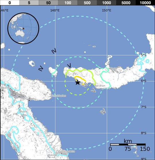 M6.8 Papua New Guinea earthquake estimated population exposure