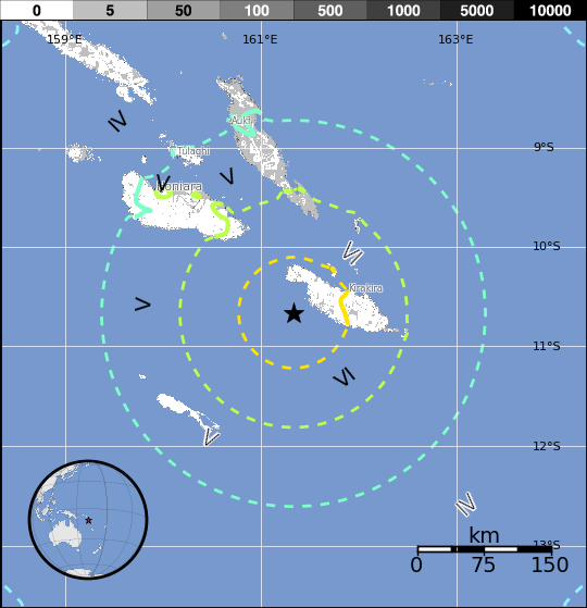 Solomon Islands - M7.8 earthquake December 8, 2016 - Estimated population exposure