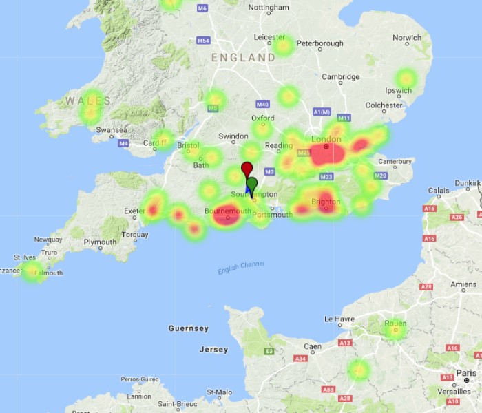 Fireball over the United Kingdom at 23:59 UTC on November 24, 2017 - Heatmap