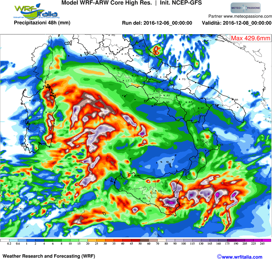 Precipitation forecast in Italy over the next 48 hours.