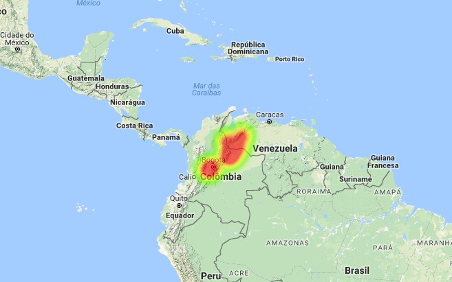 Geminid fireball over Colombia on December 16, 2016 - Heatmap