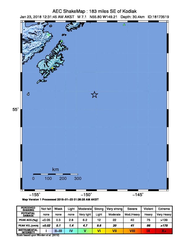 Gulf of Alaska earthquake January 23, 2018 - ShakeMap