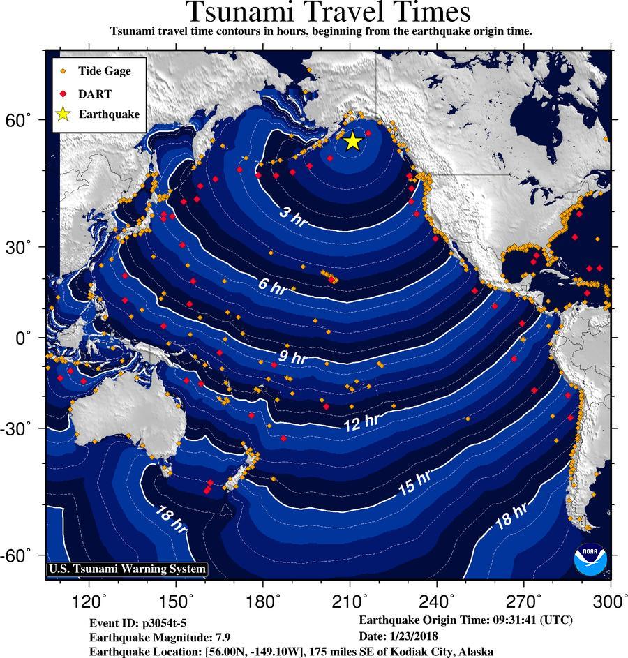 Tsunami travel time after M7.9 earthquake hits Gulf of Alaska, January 23, 2018