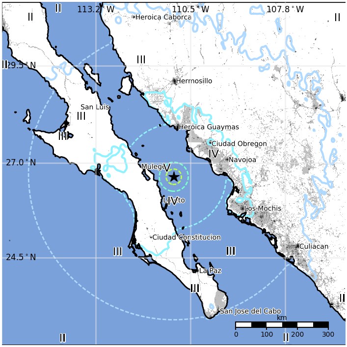 Gulf of California earthquake January 19, 2018 - Estimated population exposure
