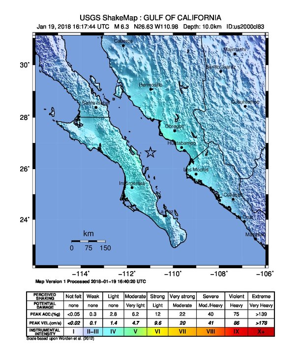 Gulf of California earthquake January 19, 2018 - Shakemap