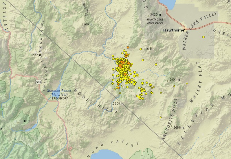 Nevada - California earthquakes on December 28, 2016 - January 2, 2017 - Map - 14:55 UTC