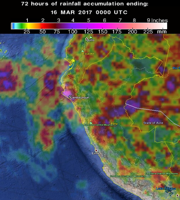 Heavy rains, floods hit Peru - March 2017. 72 hours of rainfall accumulation by 00:00 UTC on March 16, 2017