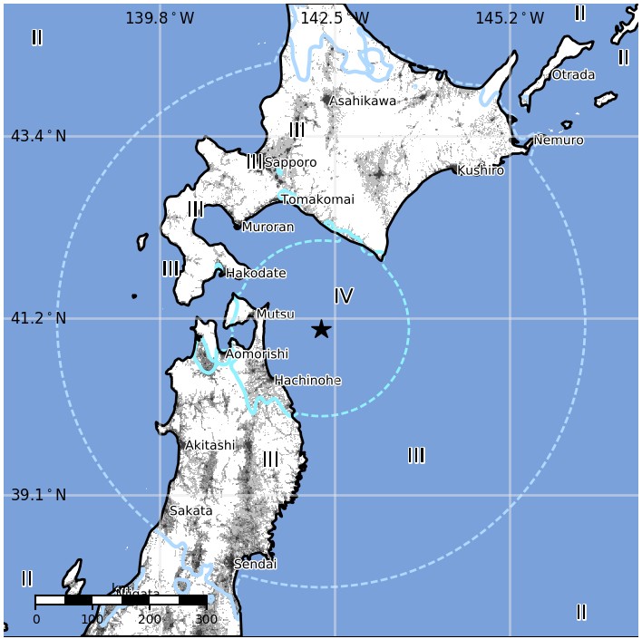 Hokkaido, Japan earthquake January 24, 2018 - Estimated population exposure
