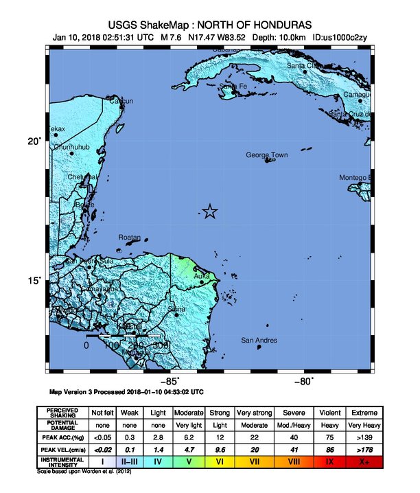 Earthquake in Honduras on January 10, 2018 - ShakeMap
