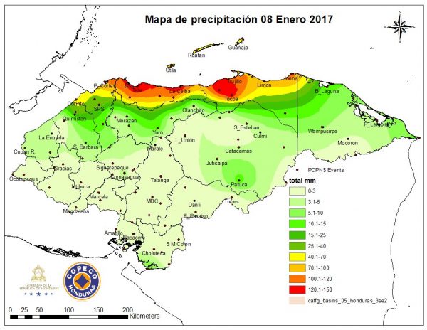 Rainfall accumulation, Honduras - January 8, 2017