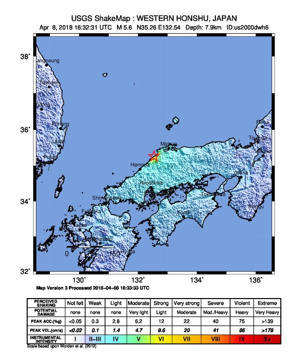 Honshu, Japan earthquake April 8, 2018 shakemap
