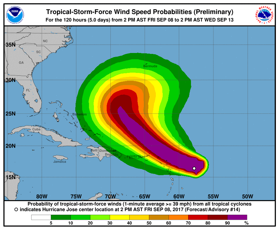 Hurricane Jose wind speed probabilities September 8 - 13, 2017