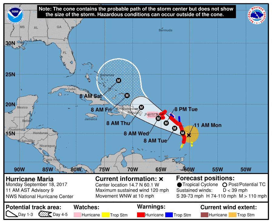 Hurricane Maria NHC forecast track September 18, 2017