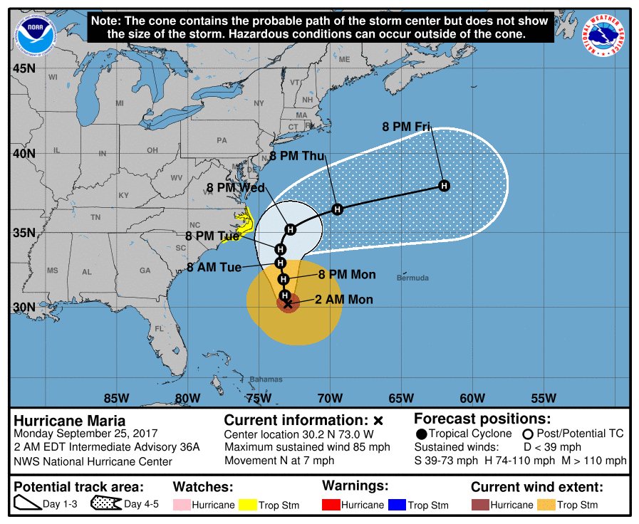 Hurricane Maria forecast track by NHC at 06:00 UTC on September 25, 2017