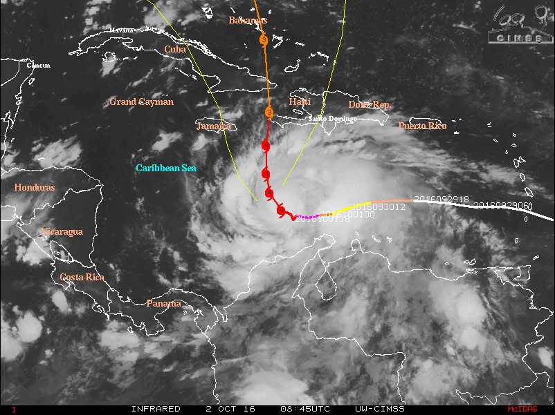 Hurricane Matthew IR image at 08:45 UTC on October 2, 2016 with NHC forecast track issued 06:00 UTC
