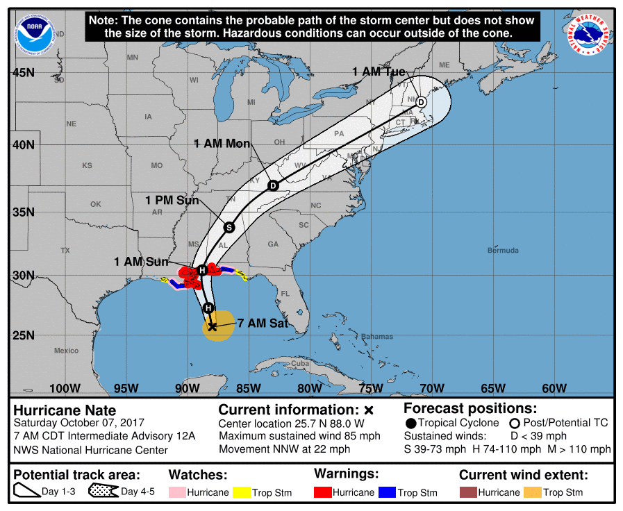 Hurricane Nate forecast track 12:00 UTC October 7, 2017