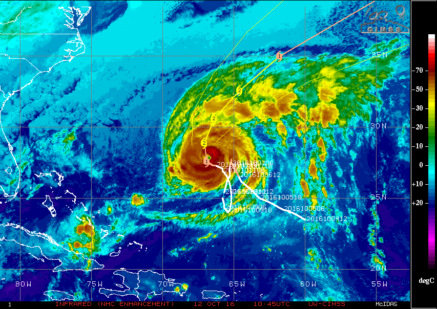 Hurricane Nicole approaching Bermuda, October 12, 2016,10:45 UTC. Image credit: UW-CIMSS