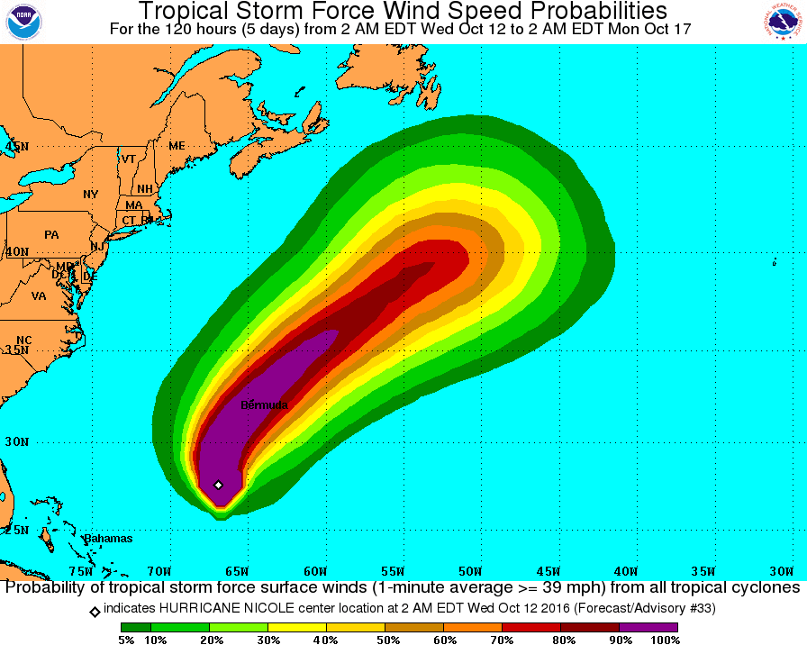 Tropical Storm Force Wind Speed Probabilities from October 12 to October 17, 2016. Image credit: NOAA/NWS/NHC