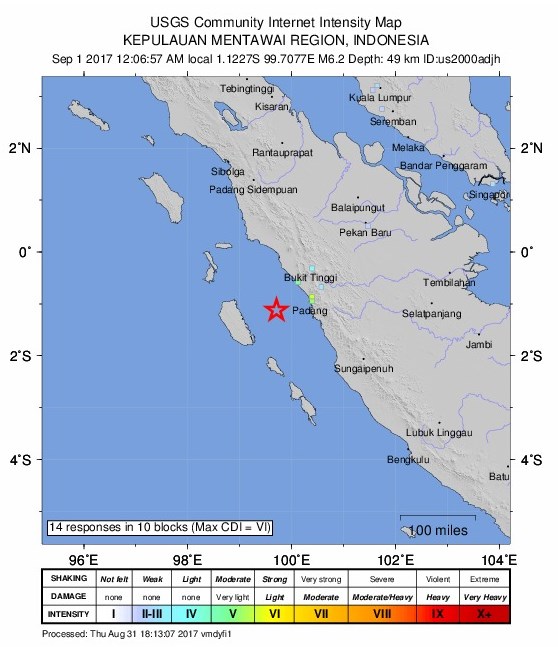 Sumatra, Indonesia earthquake - August 31, 2017 - ShakeMap