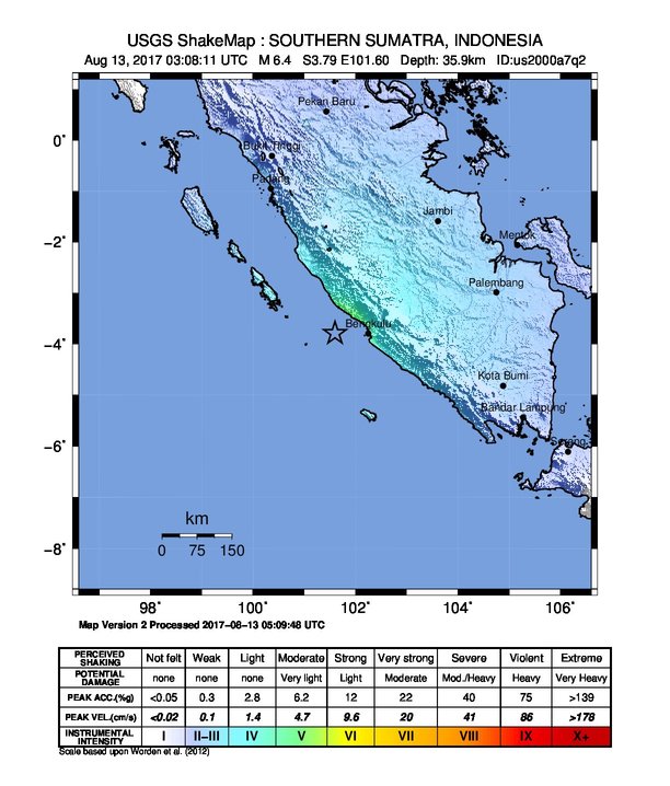 Sumatra earthquake August 13, 2017 - ShakeMap