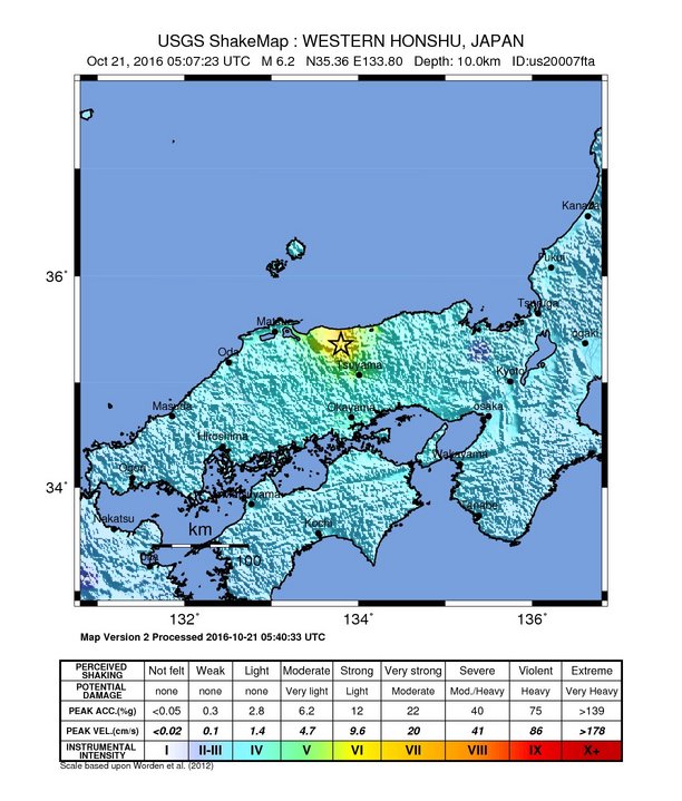 Intensity M6.2 earthquake (USGS) Japan, October 21, 2016