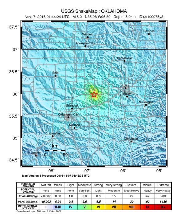 M5.0 earthquake Oklahoma November 7, 2016 - Intensity