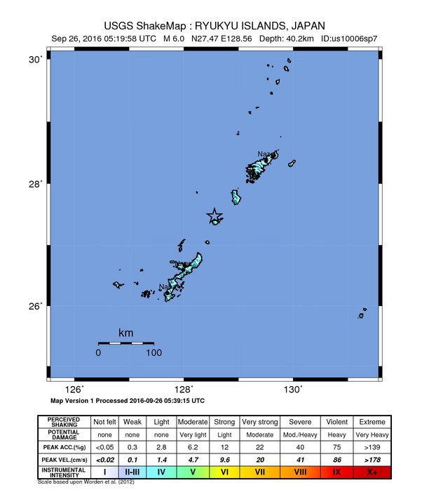 ShakeMap for M6.0 earthquake in Ryukyu Islands, Japan on September 26, 2016