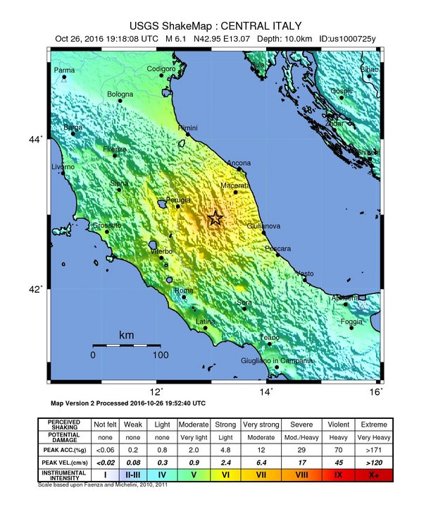 ShakeMap - M6.1 earthquake, central Italy, October 26, 2016