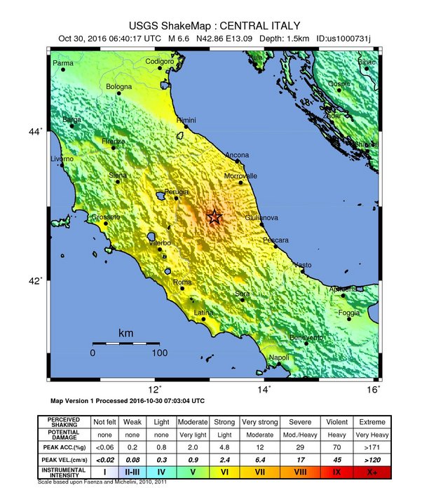 M6.5 Italy October 30, 2016 Shake Map