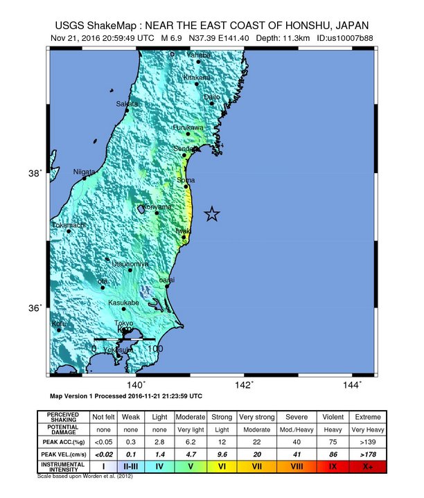 Japan earthquake November 21, 2016 Shake Map by USGS