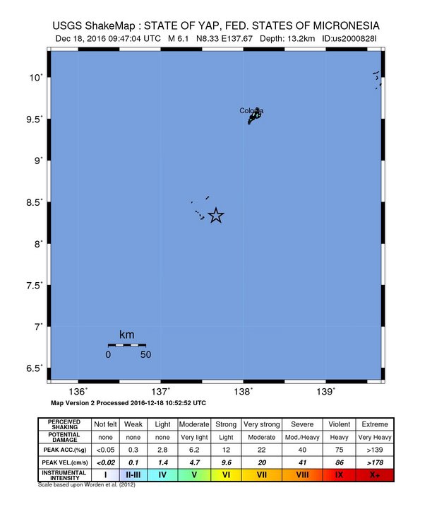 M6.1 earthquake near Yap Island, Micronesia on December 18, 2016