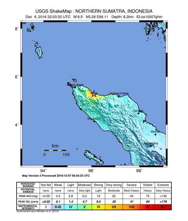 Sumatra, Indonesia M6.4 earthquake on December 6, 2016 - ShakeMap