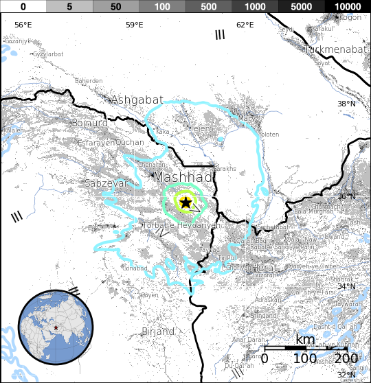 Iran earthquake, April 5, 2017 - Estimated population exposure