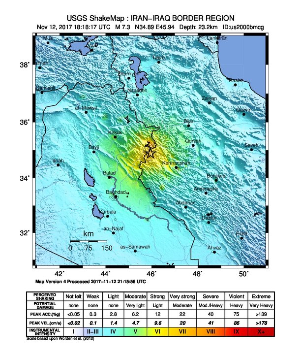 Iran - Iraq earthquake November 12, 2017 - Shakemap