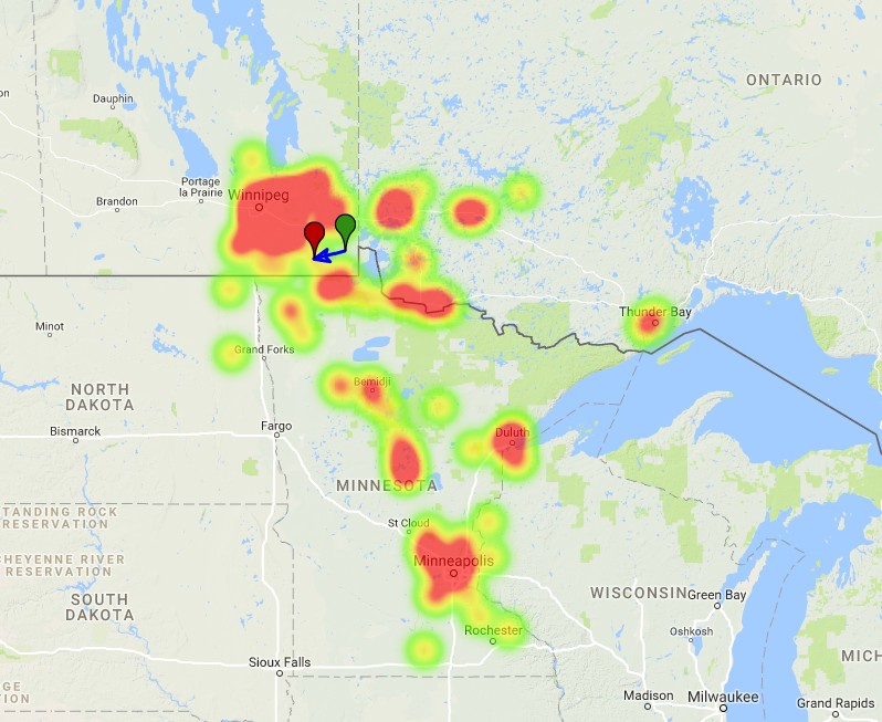 Manitoba, Ontario, Minnesota fireball January 4, 2018 - heatmap