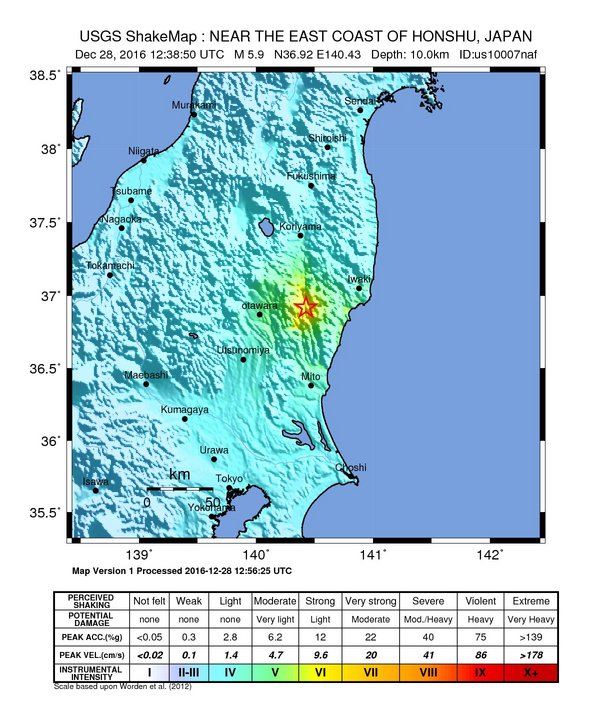 Japan earthquake December 28, 2016 - ShakeMap