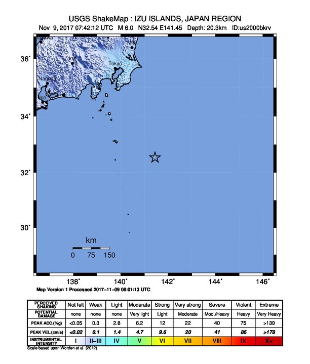 Japan earthquake, Izu Islands - November 9, 2017 - ShakeMap