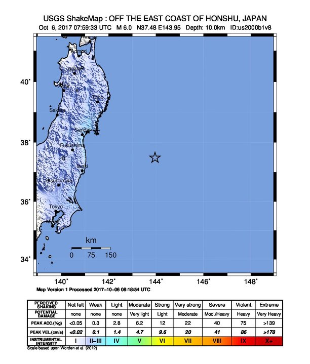 Japan earthquake October 6, 2017 Shakemap