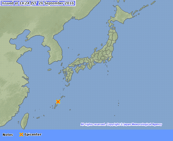 M5.7 earthquake (JMA) in Ryukyu Islands, Japan - September 26, 2016