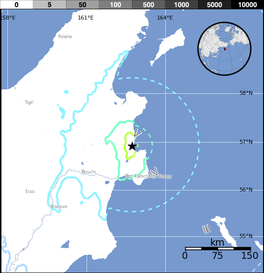 Kamchatka earthquake March 29, 2017 - Estimated population exposure