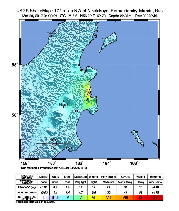 Kamchatka earthquake March 29, 2017 - ShakeMap