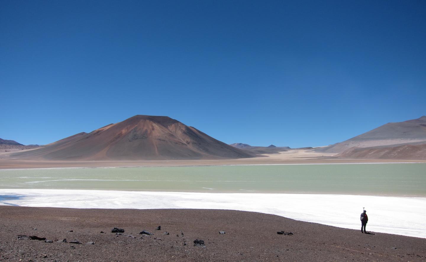 The Altiplano-Puna plateau in the central Andes features vast plains punctuated by spectacular volcanoes, such as the Lazufre volcanic complex in Chile on the picture. Image credit: Noah Finnegan