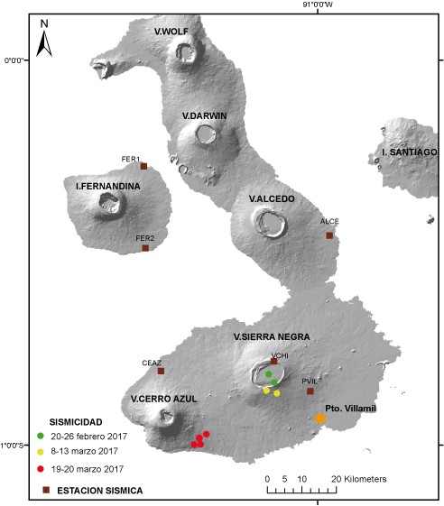 Location of earthquakes between Sierra Negra and Cerro Azul volcanoes since February 2017