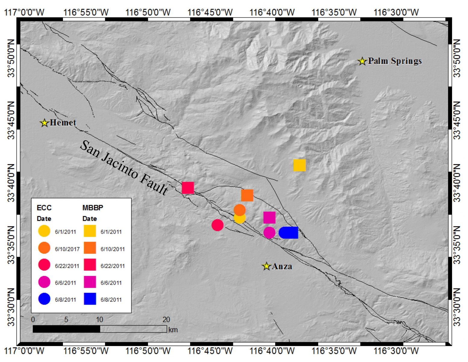 Locations of tectonic tremor (colored circles and squares) detected under the San Jacinto Fault by researchers at UCR.