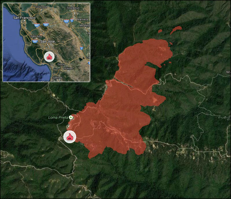 Loma Fire Santa Cruz Mountains map as of 01:30 UTC on September 28, 2016
