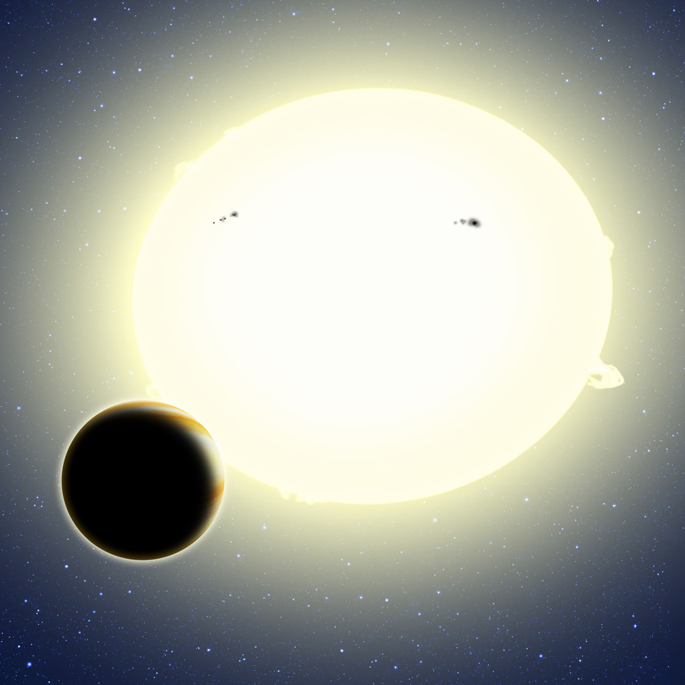  Einstein's planet, formally known as Kepler-76b, is a hot Jupiter that orbits its star every 1.5 days. Its diameter is about 25 percent larger than Jupiter and it weighs twice as much. This artist's conception shows Kepler-76b orbiting its host star, which has been tidally distorted into a slight football shape (exaggerated here for effect). The planet was detected using the BEER algorithm, which looked for brightness changes in the star as the planet orbits due to relativistic BEaming, Ellipsoidal variations, and Reflected light from the planet. Credit: David A. Aguilar (CfA)  