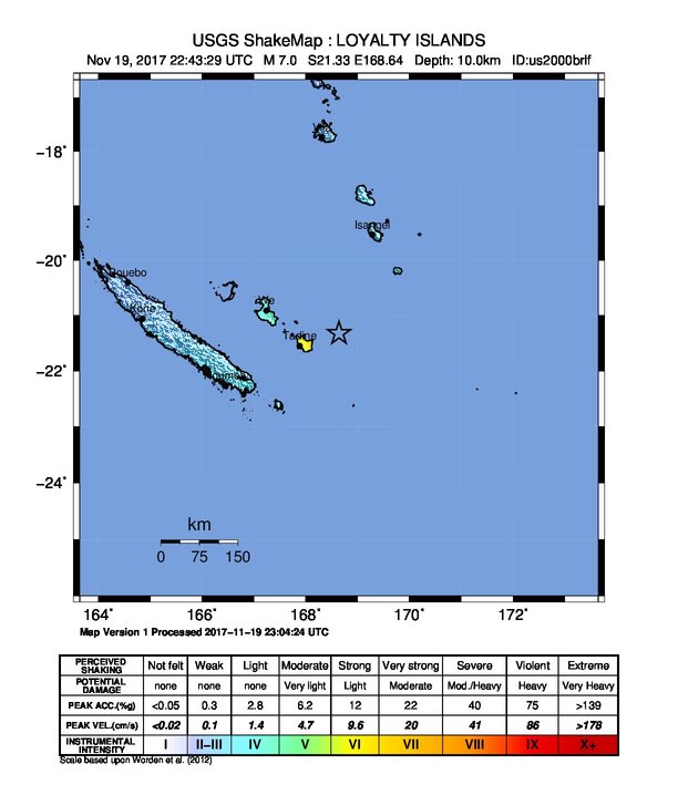 Loyalty Islands, New Caledonia - M7.0 earthquake November 19, 2017 - ShakeMap