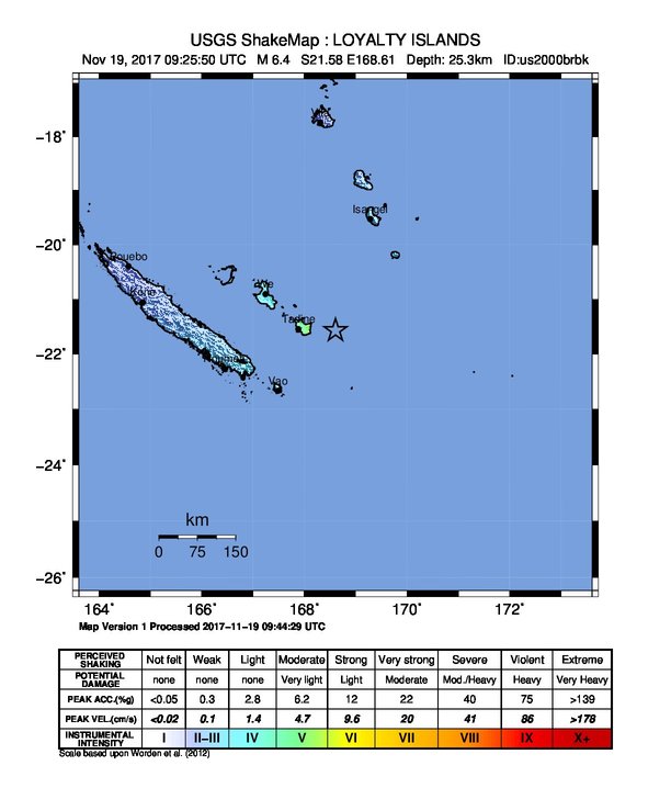 Loyalty Islands, New Caledonia earthquake November 19, 2017 - ShakeMap