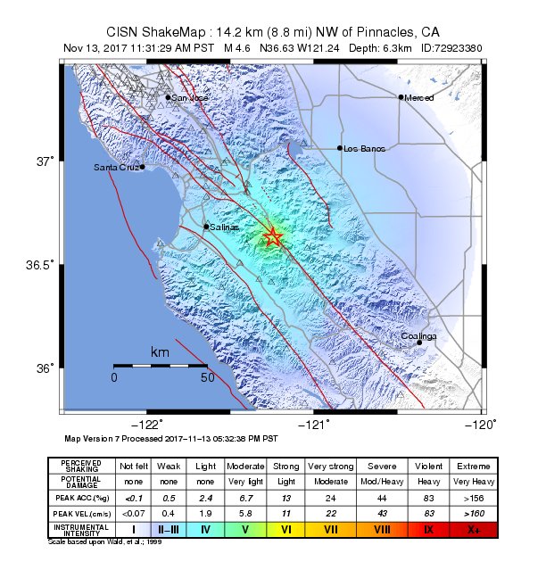M4.6 earthquake Pinnacles, California November 13, 2017