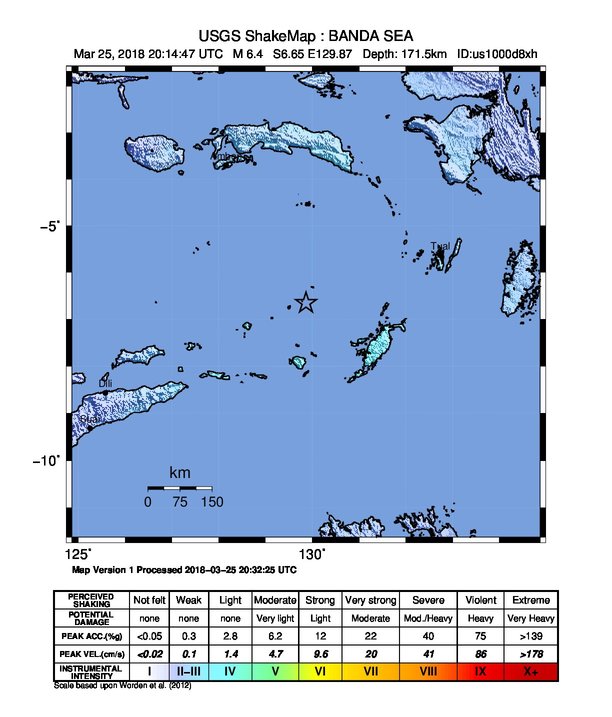 Banda Sea, Indonesia arch 25, 2018 earthquake shakemap